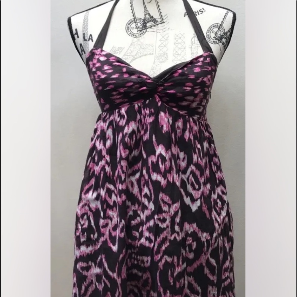 Anne Taylor LOFT Petite 4P Halter Women Dress IKAT Cotton Brown Pink Summer